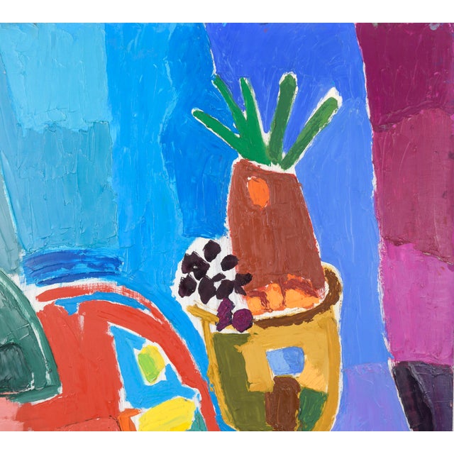 Colorful Modernist Still Life with Jug and Plant by Ellis Hopkins (American, b. 1952). This bold still life depicts pieces...