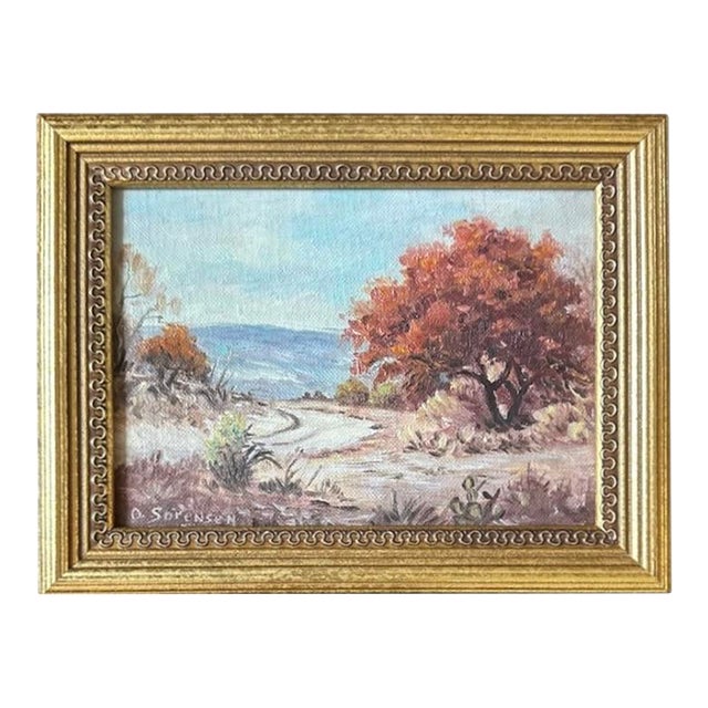 Petite Framed Landscape on Board Painting in Gilt Frame, Artist Signed O. Sorensen For Sale