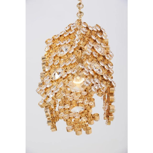 1970s Gilded Brass and Crystal Glass Encrusted Pendant Lamp from Palwa, 1970s For Sale - Image 5 of 11