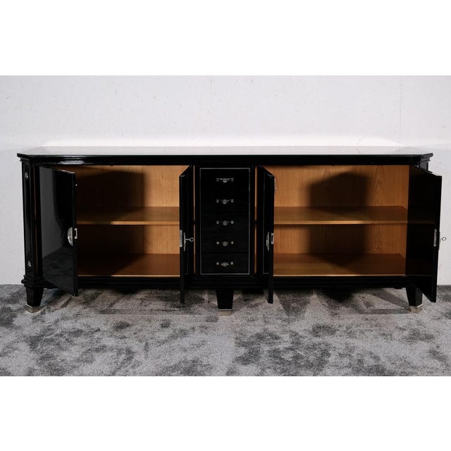 Art Deco Sideboard, 5 Drawers in the Center, Black High-Gloss Lacquer with Metal Emblems, 1930s For Sale - Image 6 of 12