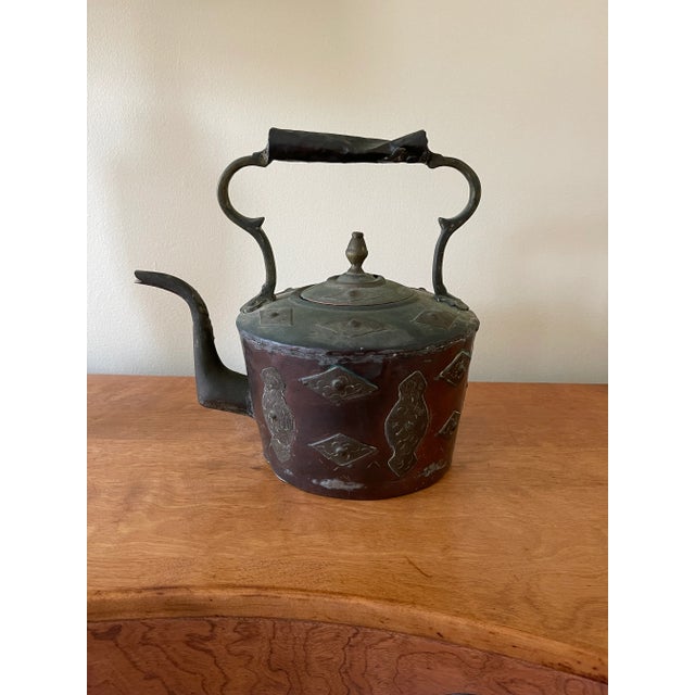 Antique Morrocan Large Copper Tea Kettle With Embossed Brass Detailing For Sale - Image 9 of 9