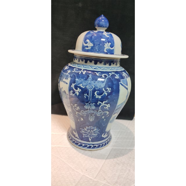 Blue Chinese Ceramic Pot Qing Dynasty Kangxi Marked Blue and White Porcelain Ginger Jar Hand Painted Figures Story Pattern For Sale - Image 8 of 10