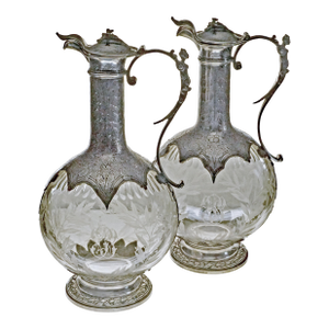 Antique French Sterling Claret Jugs by Edmond Tétard .950 Silver & Etched Glass - A Pair