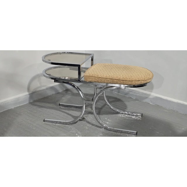 Very nice French mid century chrome and smoked glass hall seat, in very good original condition. 20" high 34"length 14"...