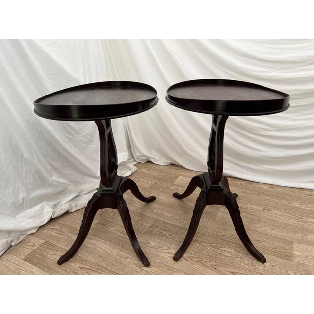 1930s 1930s Mersman Lyre Side Tables Set of Two Oval Top Violin Pedestal Base Dark Mahogany For Sale - Image 5 of 11