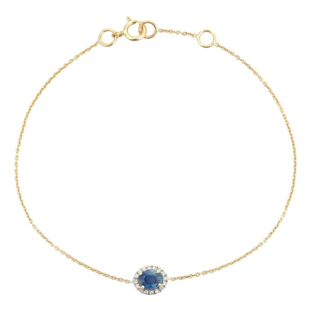 Vintage Style Sapphire Diamond Halo Chain Bracelet in 14k Solid Gold For Sale