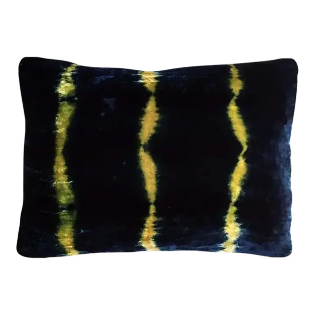 Rousseau Hand Dyed Silk Velvet Pillow, Gold & Indigo Blue Stripe Abstract Pattern For Sale
