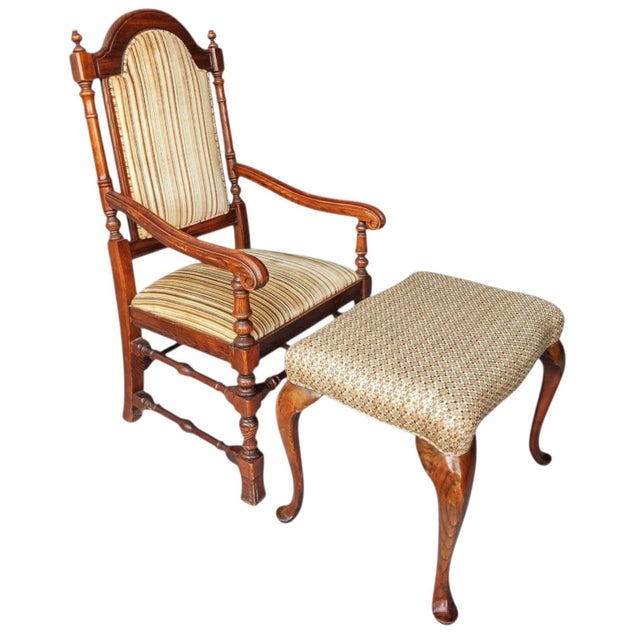 Vintage Carved Oak Armchair & Matching Ottoman Set For Sale - Image 9 of 12
