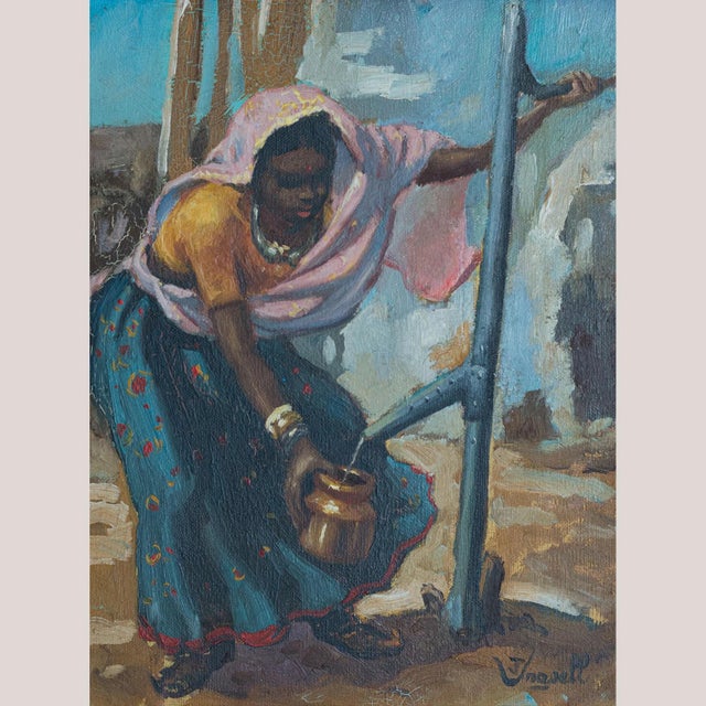 African Woman Drawing Water, 1980s, Oil Painting on Canvas For Sale - Image 7 of 7
