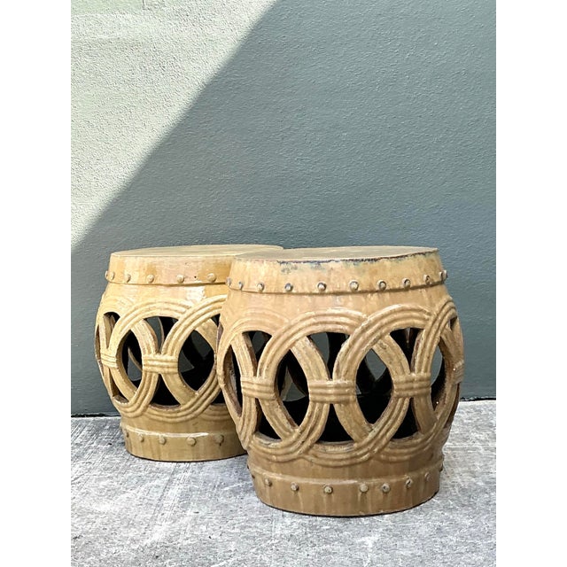 Vintage Glazed Ceramic Rings Low Stools - A Pair For Sale - Image 11 of 12