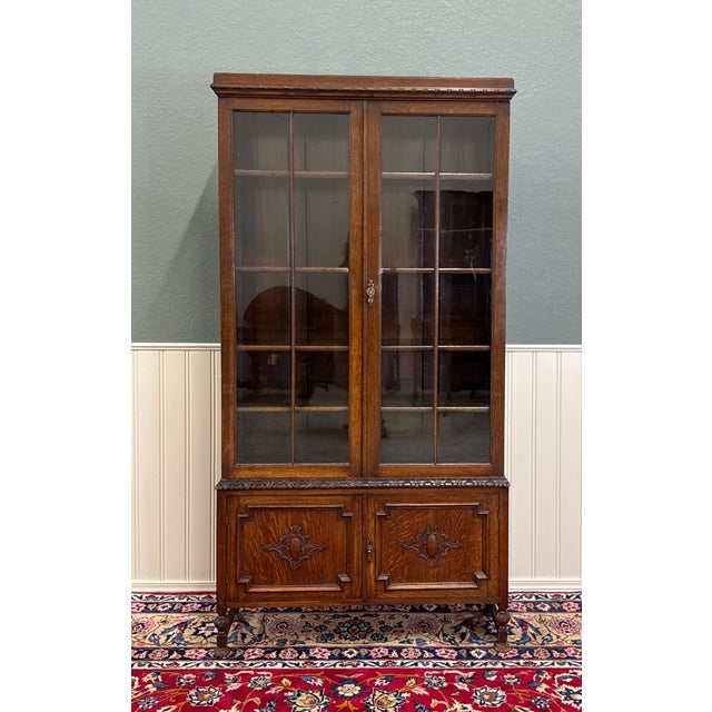Antique English Jacobean Bookcase Bookshelf Cabinet Double Door Oak c.1930s For Sale - Image 4 of 17