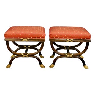 William Switzer Neo-Classical Style Carved Fruitwood & Gilt Ottomans Stools - Pair For Sale