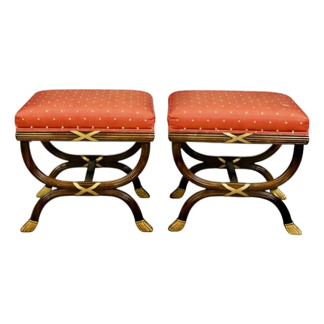 William Switzer Neo-Classical Style Carved Fruitwood & Gilt Ottomans Stools - Pair For Sale