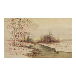 Early 20th Century Watercolor Birch Trees and River Landscape Painting For Sale