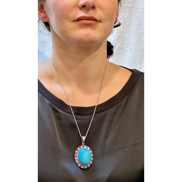 GIA Certified 105 Ct Natural Oval Turquoise, Ruby & Diamond Pendant, Sleeping B For Sale - Image 14 of 18