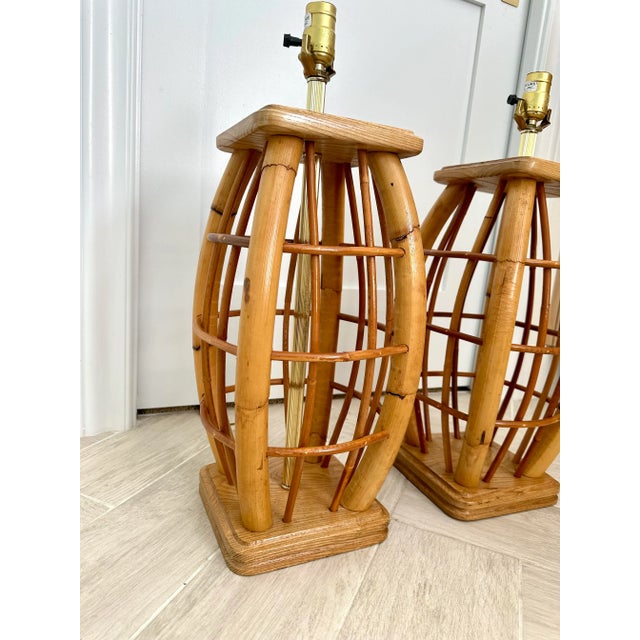 Boho Chic Vintage Tall Bent Bamboo Rattan Table Lamps - a Pair For Sale - Image 3 of 5