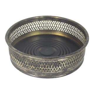 Vintage Italian Silver Plated Wine Coaster With Faux Wood Base and Pierced Sides, Bottle Holder, Entertaining Style, Patina For Sale