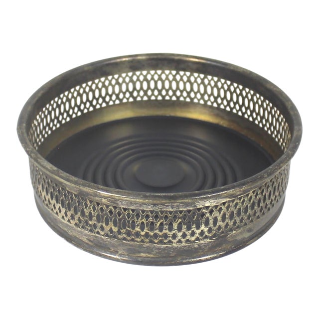 Vintage Italian Silver Plated Wine Coaster With Faux Wood Base and Pierced Sides, Bottle Holder, Entertaining Style, Patina For Sale