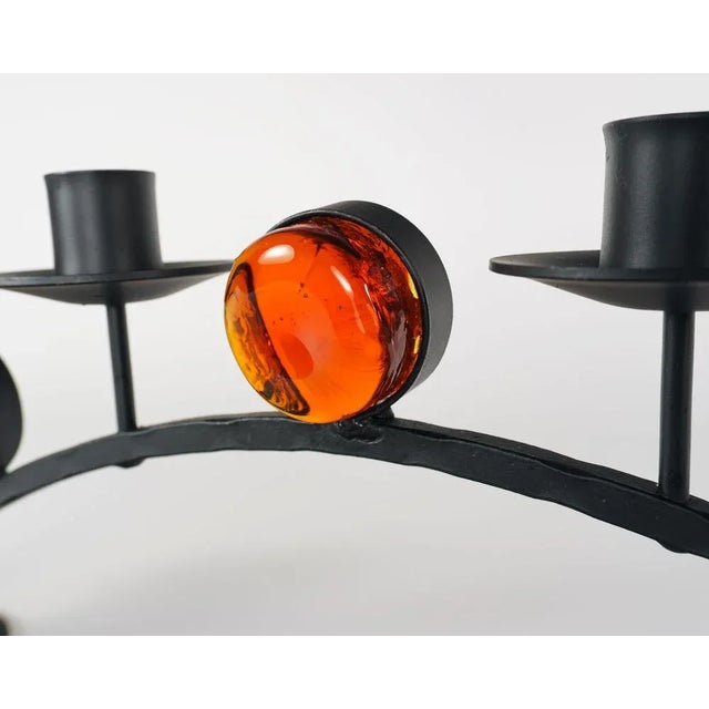Swedish Wrought Iron and Orange Glass Candleholder by Lindshammar, 1970s For Sale - Image 4 of 5
