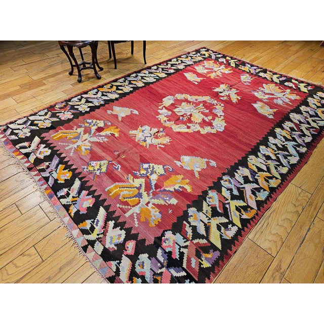 Tribal Vintage Caucasian Karabagh Kilim, Handwoven Floral Pattern, Red & Black, 7x10 For Sale - Image 3 of 12