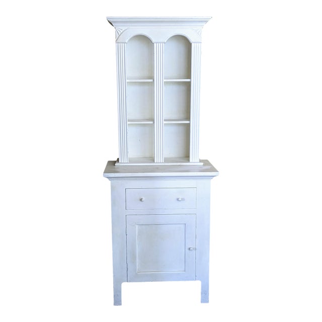 2 Piece Slender Farmhouse Cabinet and Shelving With Neoclassical Lines For Sale