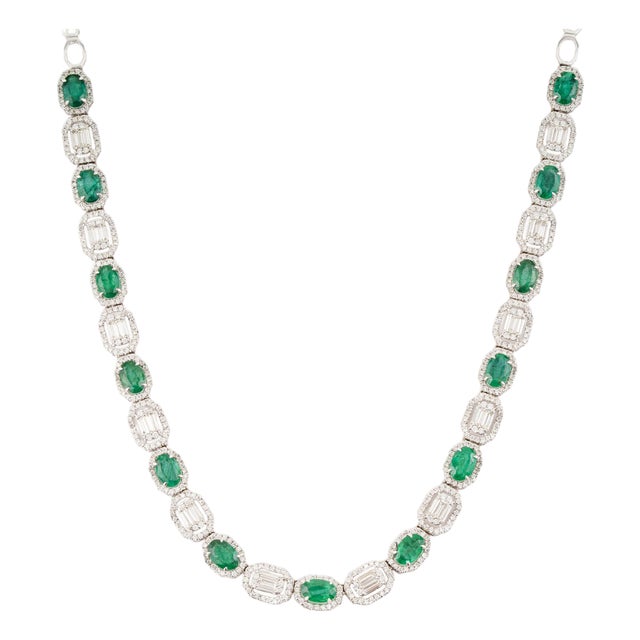 5.71ct Zambian Emerald & 2.81ct Baguette Diamond Tennis Necklace 14k Gold For Sale