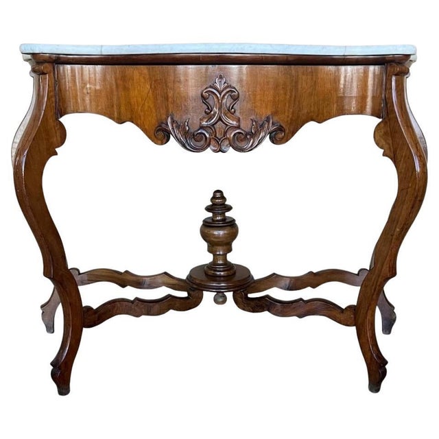 Mid 19th Century Mid 19th Century French Regency Console Table in Carved Walnut with drawer and Marble Top For Sale - Image 5 of 18