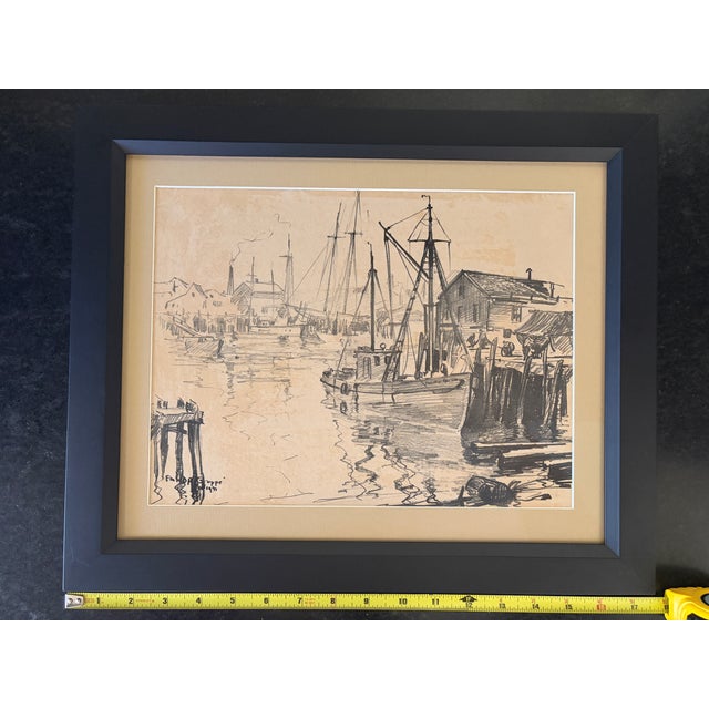 Emile A. Gruppe Original 1941 Harbor Drawing Signed Gloucester Scene Framed For Sale - Image 9 of 9