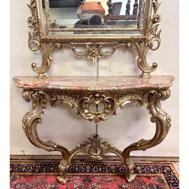 Louis XV Style Curved Castle Console and Mirror in Gilded and Silvered Wood For Sale - Image 5 of 7