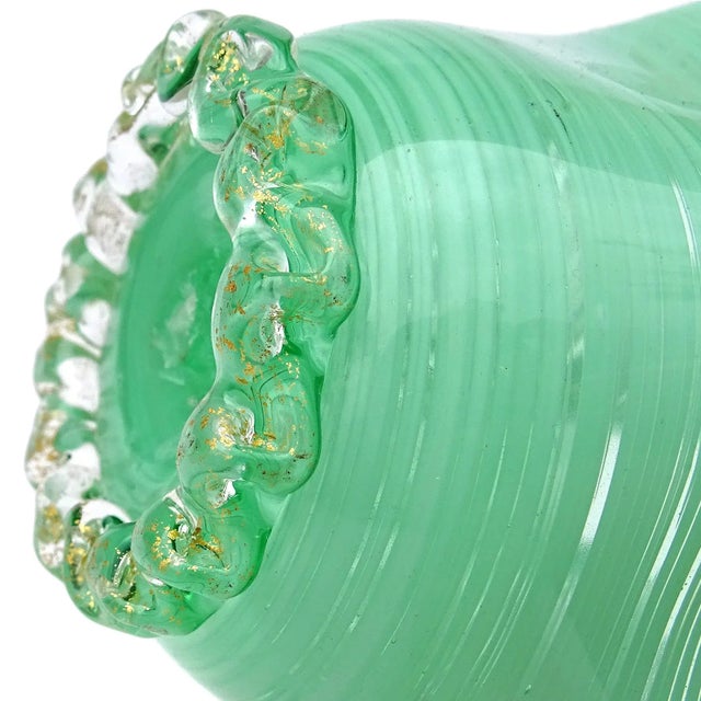 Vintage Murano Jade Green Threads and Gold Flecks Italian Art Glass Decorative Fazzoletto Vase For Sale In Orlando - Image 6 of 8