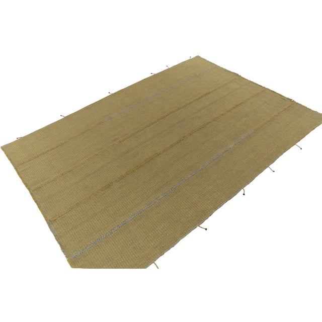 Rug & Kilim Rug & Kilim’s Contemporary Kilim in Golden-Yellow With Blue Stripes & Accents For Sale - Image 4 of 7