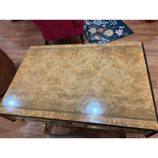 1970s Baker Furniture Regency Burl Wood Writing Desk With Lyre Base For Sale - Image 9 of 10