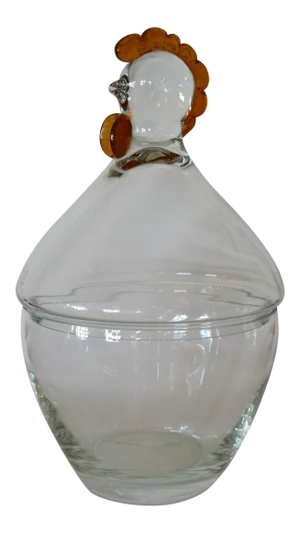 Clear & Amber Blown Glass Punch Bowl Vessel With Lid & Chicken Top by Makora Krosno