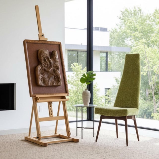 Hand-Carved Wood Relief Portrait With Leather Backdrop and Oak Frame For Sale - Image 10 of 13