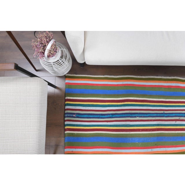 Blue Vintage Turkish Oushak Handmade Wool Cotton Blue Kilim Area Rug For Sale - Image 8 of 11