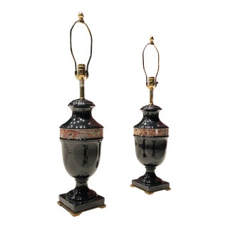 Pair of Black Glazed Porcelain & Bronze Urn Table Lamps From Marbro For Sale