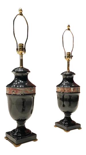 Pair of Black Glazed Porcelain & Bronze Urn Table Lamps From Marbro