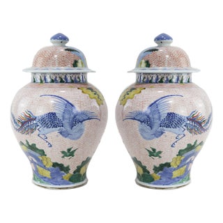 Pair of Chinese Late Qing Dynasty, Jingdezhen Kiln, Famille Verte Covered Jar With Kirin and Phoenix on Iron-Red Brocade Ground For Sale