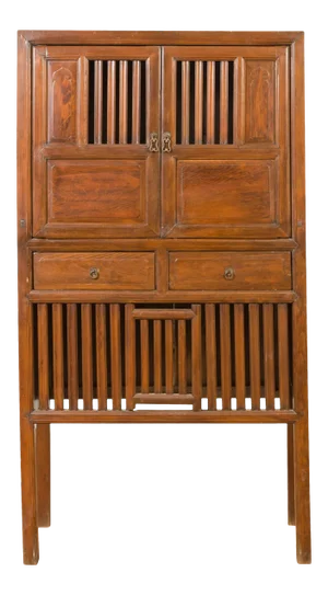 Chinese Vintage Cabinet with Fretwork Design, Doors and Drawers