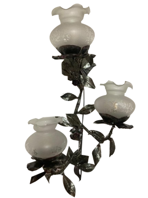 Antique Silver Leaf Wrought Iron Wall Sconce, 1960s