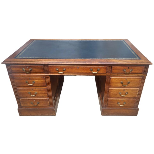 Vintage American Regency Style Tooled Leather Top Writing Executive Desk For Sale - Image 11 of 15