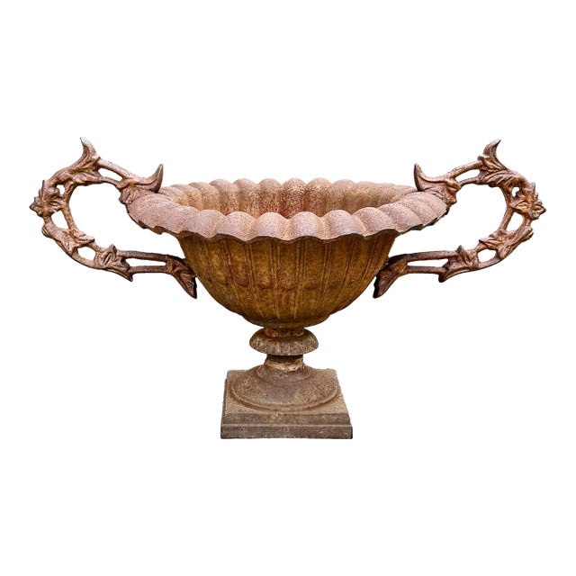 Antique English Cast Iron Garden Urn Planter, 19th Century For Sale