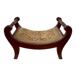 Antique Mahogany Floral and Needlepoint Footstool For Sale
