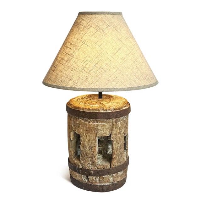Farmhouse Old Wood Wheel Axle Table Lamp For Sale - Image 3 of 5