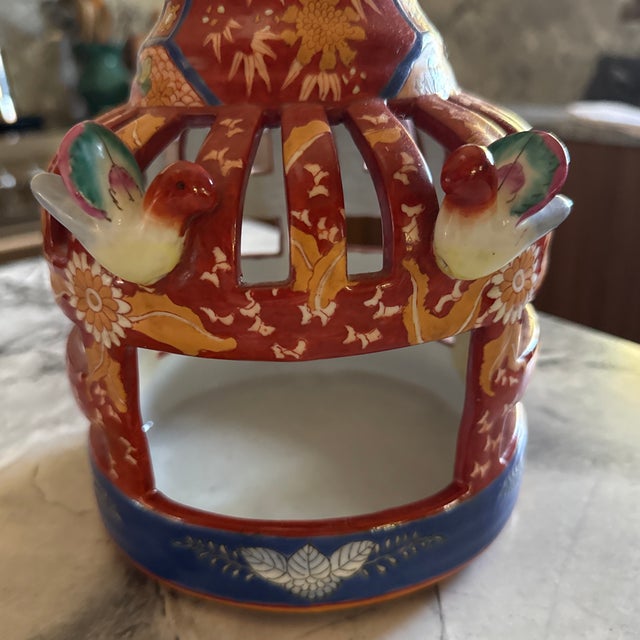 Chinese Vintage Handmade Red Ceramic Birdcage Shape Display Figure