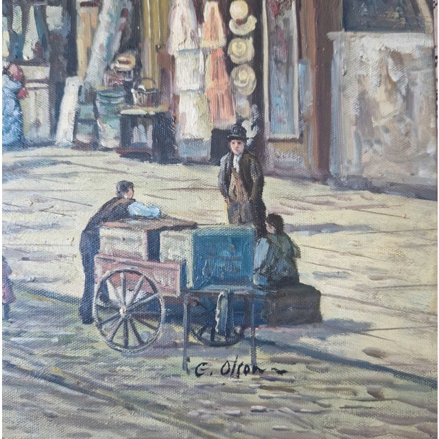 Victorian Mid-20th Century Signed E. Olson - Street Scene With Vendor Cart, Oil on Canvas For Sale - Image 3 of 4