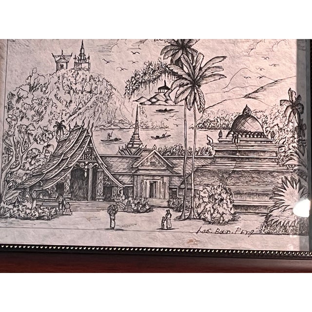 Late 20th Century Framed Original Pen & Ink Laos Landscape Drawing Laos Boon FEng 18x 14 For Sale - Image 4 of 5
