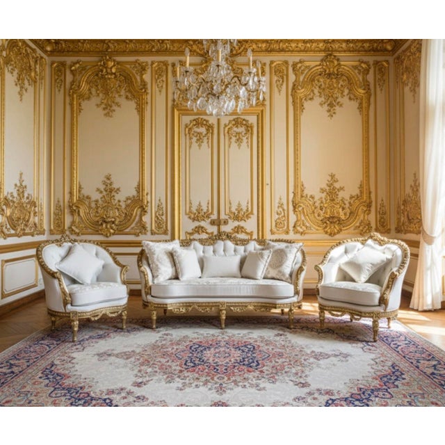 Free Shipping Chateau quality beautiful Gold leaf salon set. This extremely fine French Vintage Louis XV gilt wood salon...