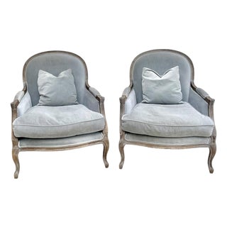 Pair of Restoration Hardware French Provincial Bergère Lyon Lounge Chairs in Pale Blue or Fog Velvet For Sale