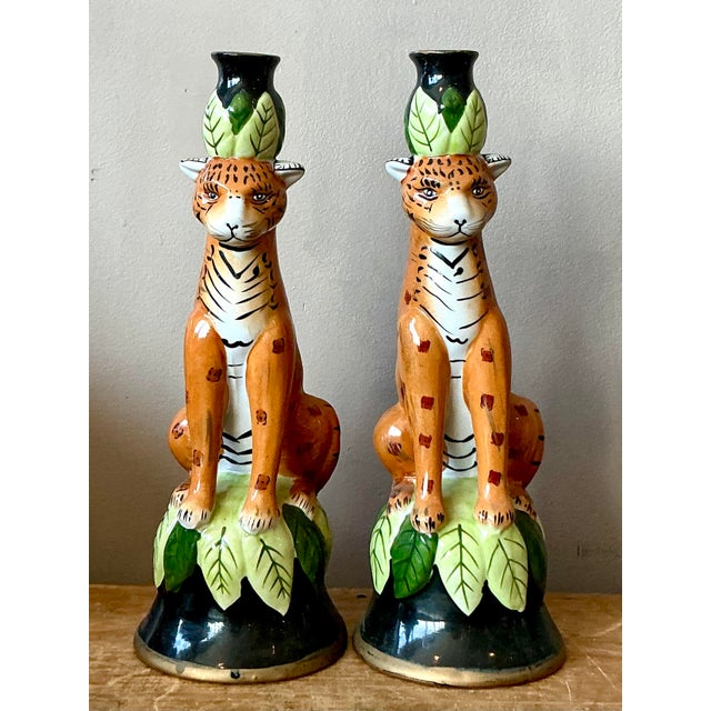 Late 20th Century Vintage Boho Glazed Ceramic Tiger Candlesticks - A Pair For Sale - Image 5 of 11
